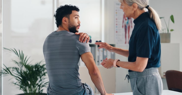 A young man in a grey t-shirt sits on an examination table, holding his right shoulder in apparent discomfort while looking up at a physiotherapist. An older, fair-haired physiotherapist in dark casual wear stands facing him with open hands, discussing the worker's shoulder injury and likely treatment plan. This illustrates the initial assessment of a work-related shoulder injury by a physiotherapist to begin WSIB-covered treatment.