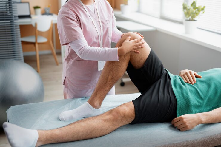 A close-up view of a patient's (man's) legs lying on a treatment bed, while a physiotherapist in a pink uniform performs a therapeutic maneuver, gently flexing the patient's knee towards his chest. This highlights the active and goal-oriented delivery of a physiotherapy treatment plan for a work-related knee injury, aligning with the WSIB fee schedule physiotherapy, aimed at restoring function and facilitating a return to work.