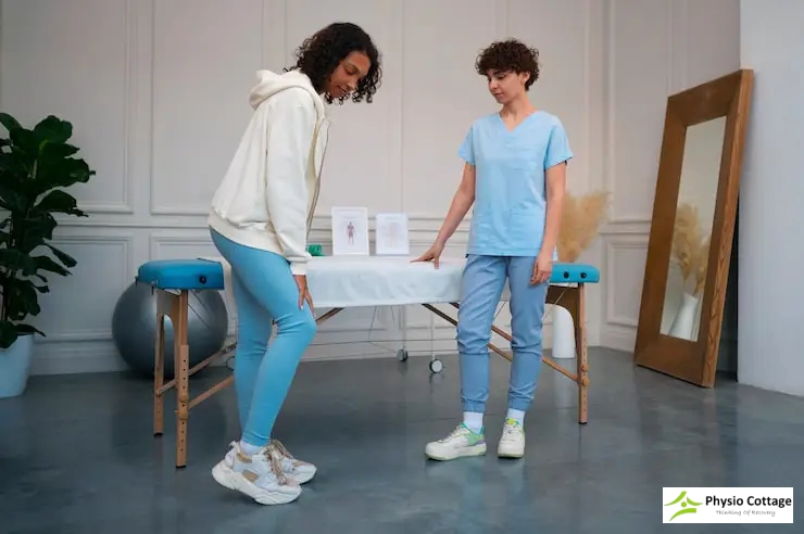 A young female patient in athletic wear bends forward.