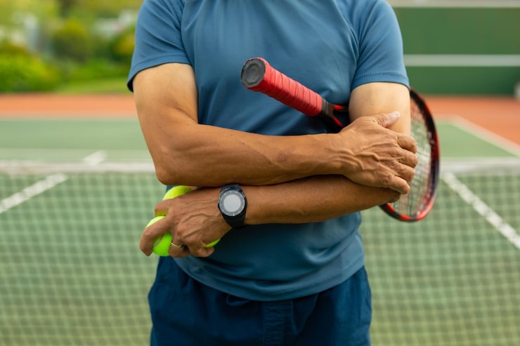 Man Holding Arm and Racket on Court