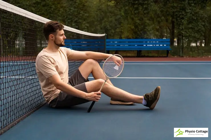 Male tennis player resting by the net on a blue court, holding a racket.