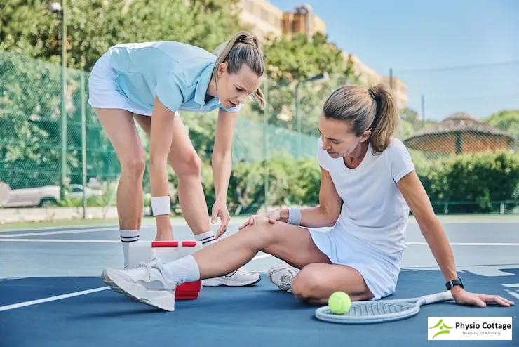 Tennis player seated on a blue court, holding an injured knee while another player assists her.
