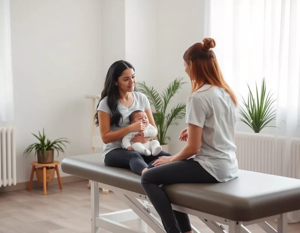 Physiotherapist talking with a new mother in a private treatment room