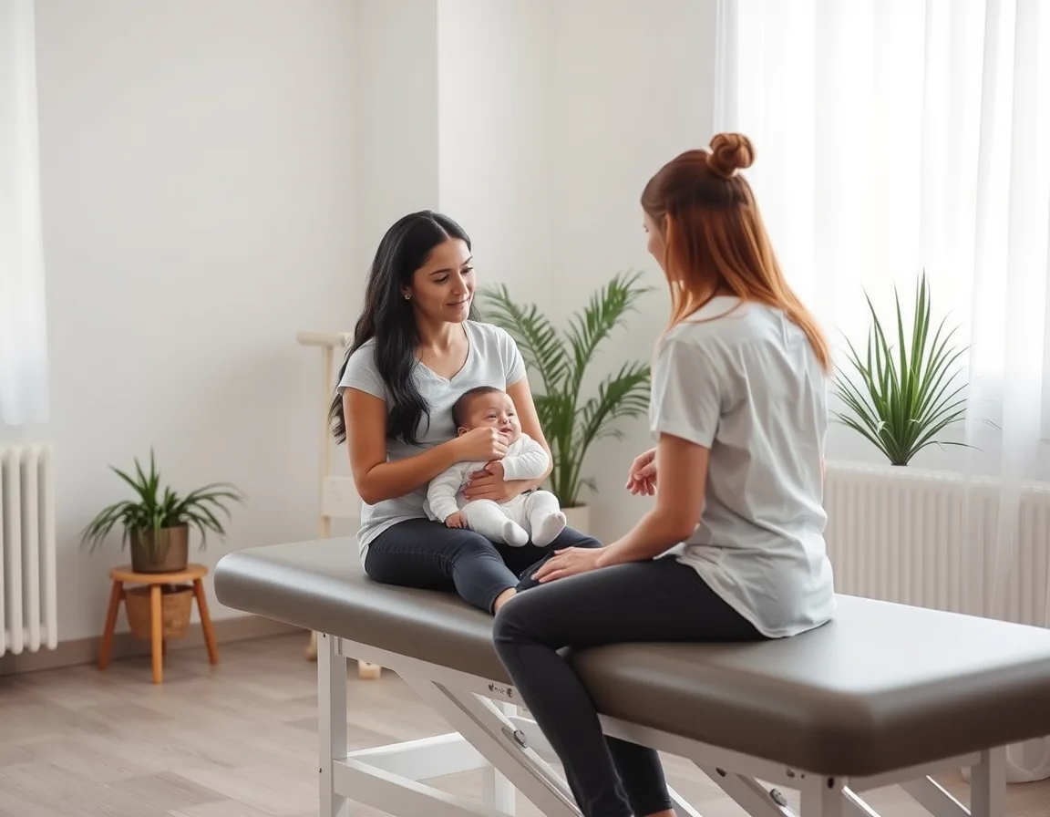 Physiotherapist talking with a new mother in a private treatment room