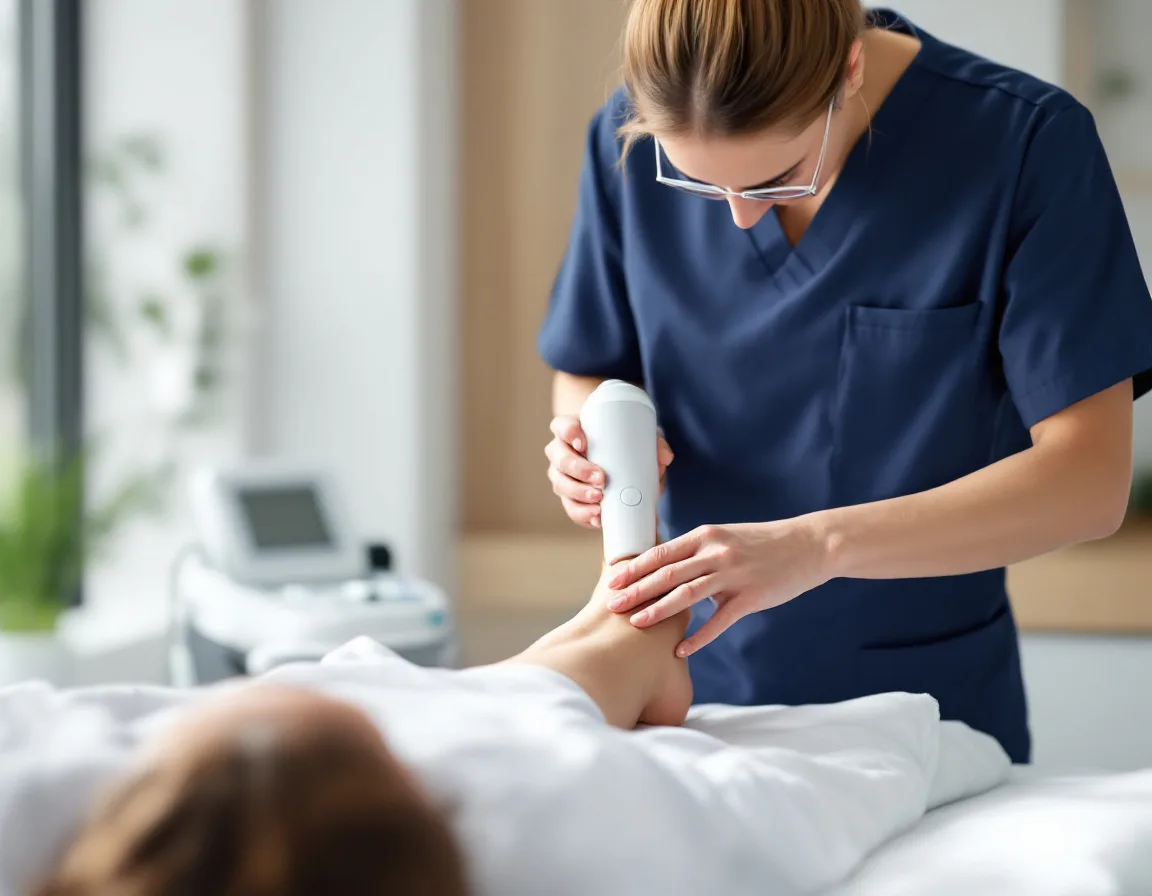 Physiotherapist giving shockwave therapy for heel pain at Physio Cottage in Scarborough