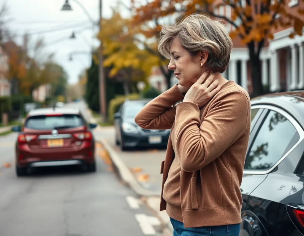 Woman holding her neck beside a parked car after a minor collision in Scarborough