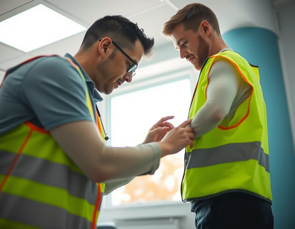 Physiotherapist assessing the shoulder of a warehouse worker after a workplace injury
